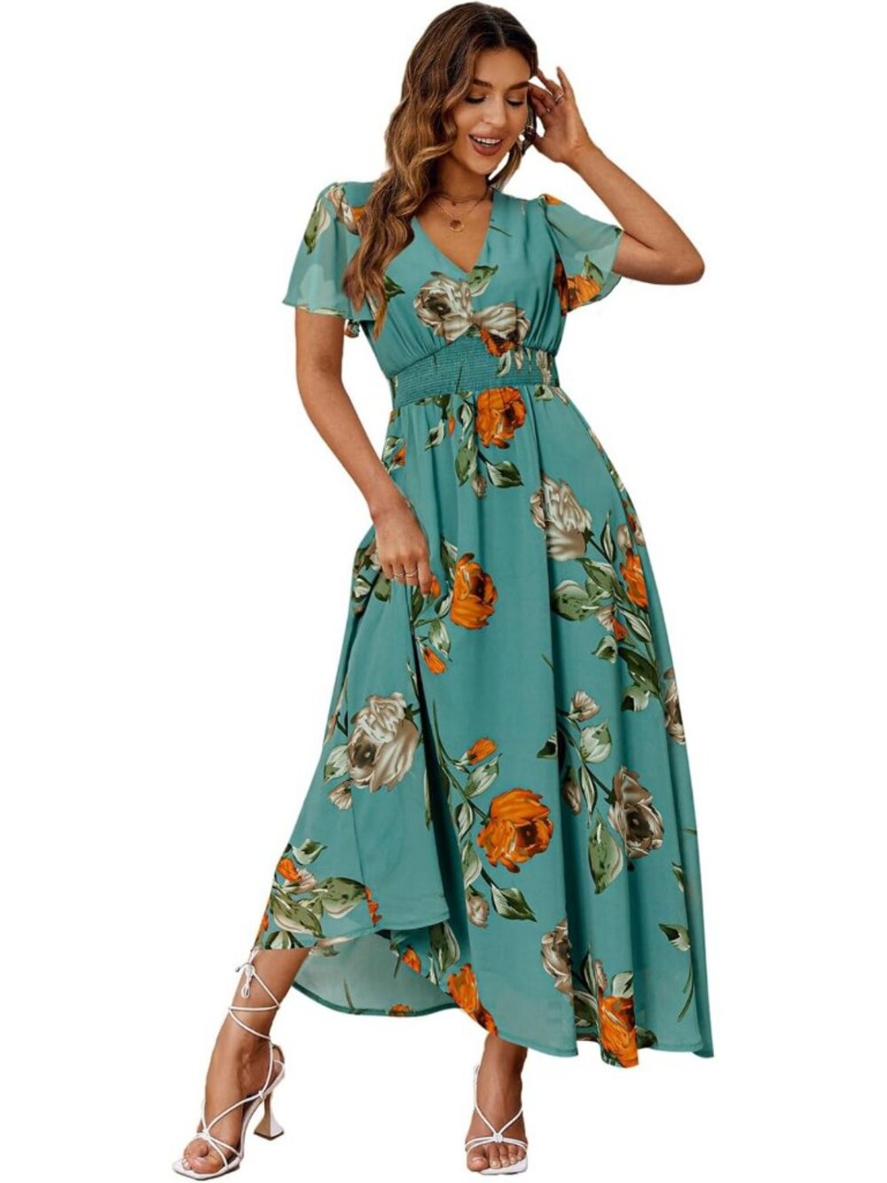 Boho Floral Maxi Dress | Flowy V-Neck Short Sleeve | Casual Wedding & Beach Wear